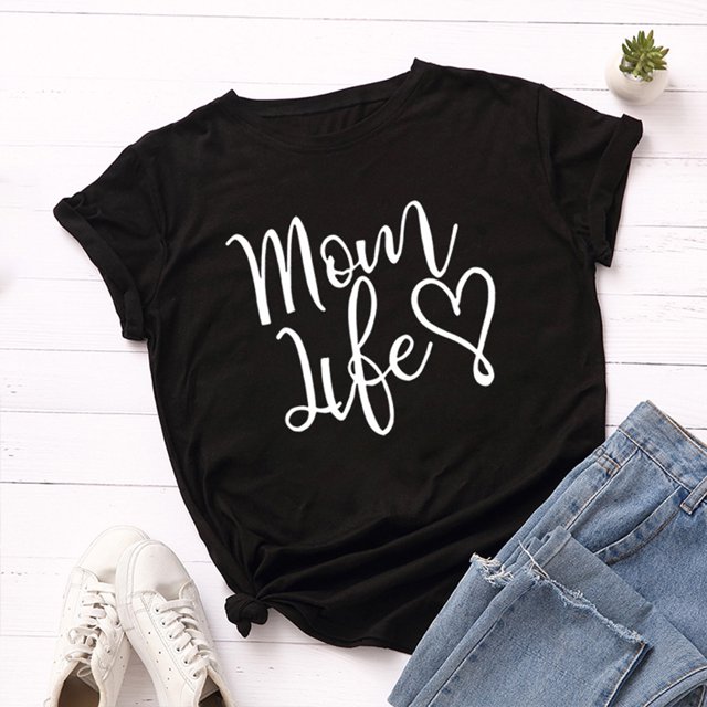 Camiseta casual para mujer, algodón suave con puños, manga corta, letras, dobladillo estampado, Abanopi Camiseta casual de mujer