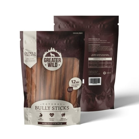 UPC: 0850030953667 | Greater Wild All Natural Ingredient 4 -9 Assorted Bully Sticks Size Chews & Treats for Dogs – 12oz