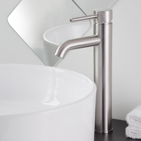 Aquaterior Single Handle Vessel Sink Faucet 14 inch Tall Bathroom Sink Faucet Hot and Cold Water Mixer Brass Body Single Hole Faucet Brushed Nickel (CUPC NSF CEC) Aquaterior Modern