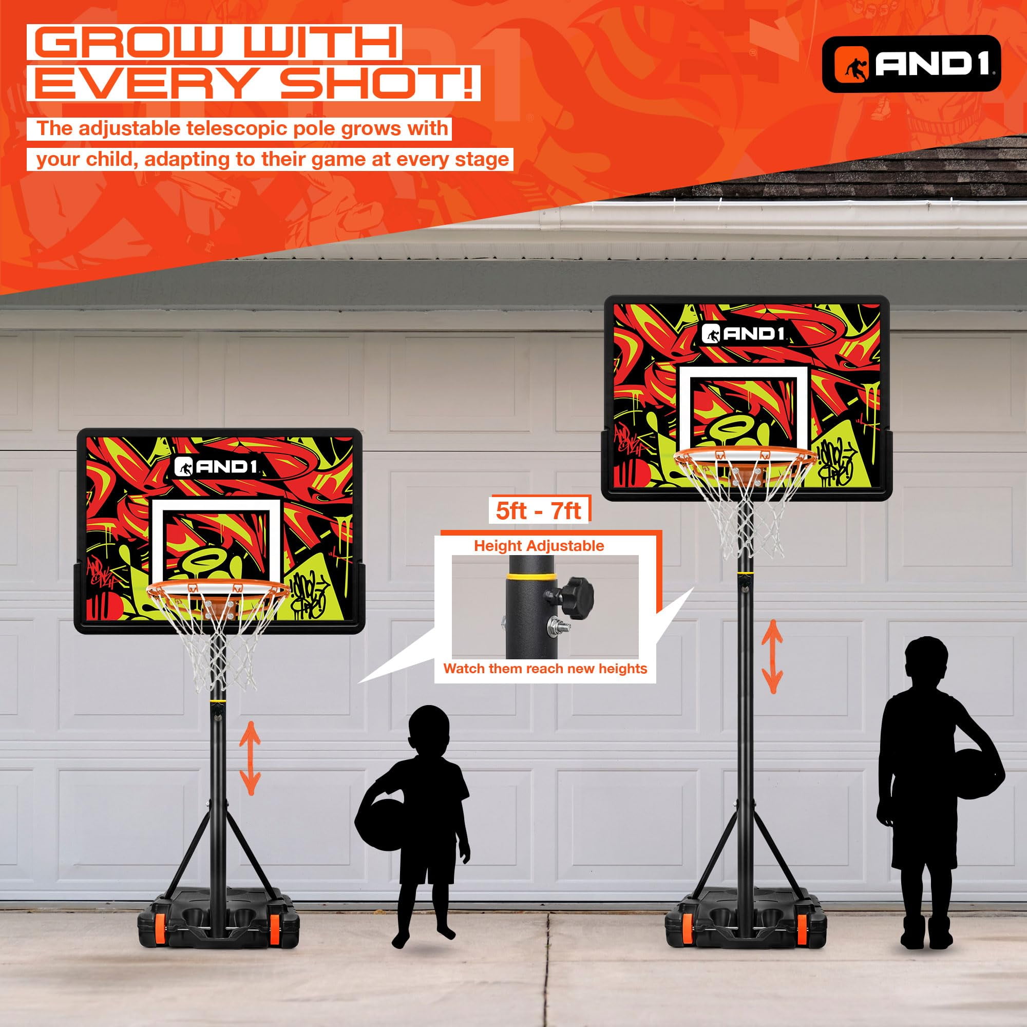 AND1 32" Youth Basketball Hoop & Basketball Bundle - Adjustable Portable Outdoor Hoop, 5-7 ft Adjustable Height