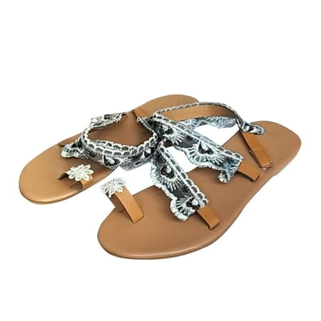 

HIBRO Summer New Black Lace Clip Toe Sandals Flat Heel Lace Sandals Women Casual Comfort Wedge Sandals Rope Flip Flops