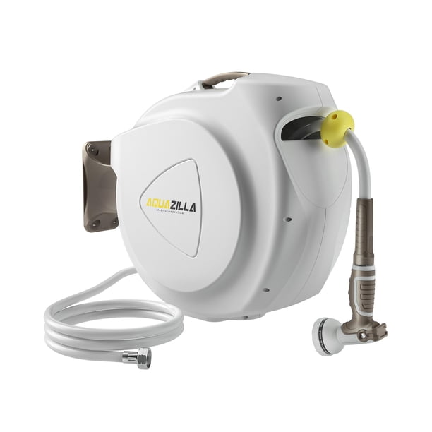 Carrete retráctil para manguera de jardín 5/8 pulg. 65+6 pies Carrete de manguera de agua montado en la pared resistente Energía de resorte Rebobinado automático Bloqueo de cualquier longitud Soporte
