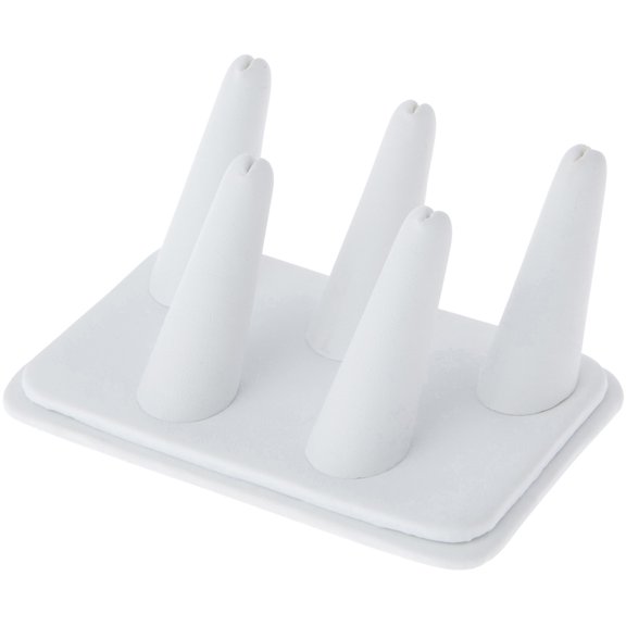 Plymor White Faux Leather Ring Finger Display, Five on Rectangular Base, 5.25" W x 3.625" D x 2.25" H