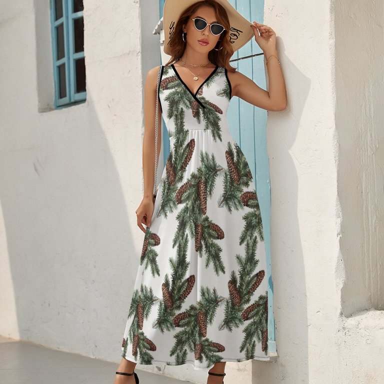 Christmas Pine Cones Green Dress Summer Street Style Bohemia Long Dresses  Female Sleeveless Printed Maxi Dress - Walmart.com