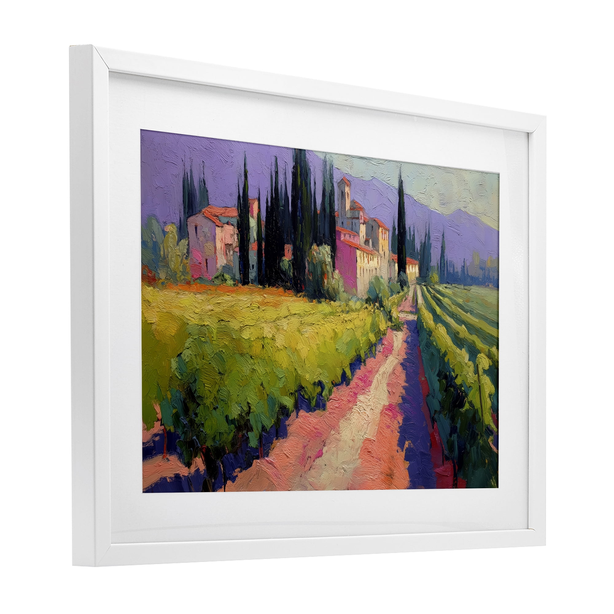 Purple Mountains Village White Framed Print Under Glass, design by Annabelle Hall
