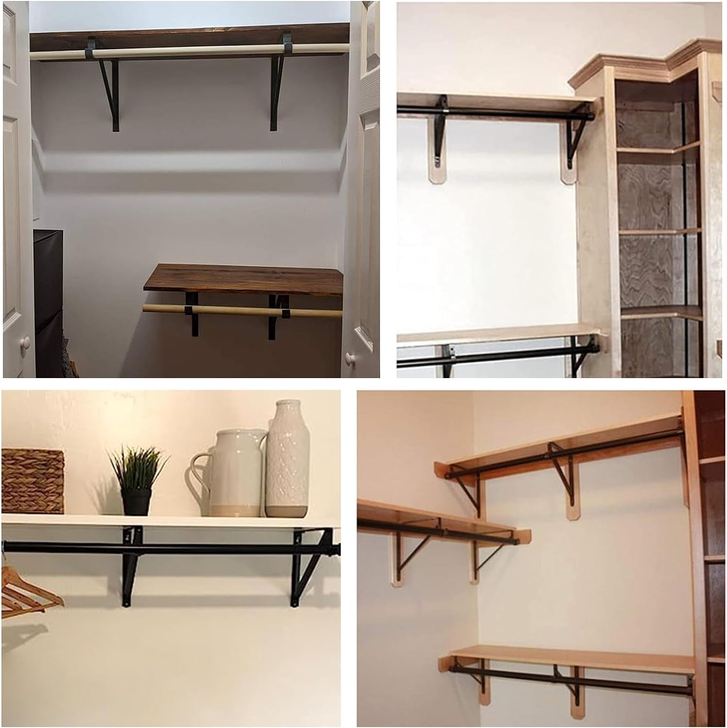 4 Pack Heavy Duty Closet Shelf & Rod Brackets, Wall Mounted Closet Shelf Brackets, 11 x 11 Inch Closet Shelf Brackets with Rod Support, Black