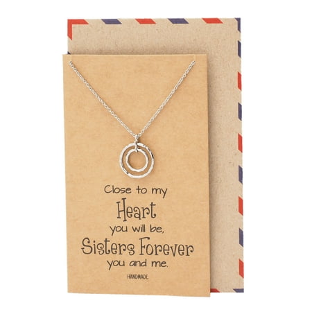 Quan Jewelry Sisters Forever Necklace with 2 Rings Pendant, Best Gifts for Sisters with Inspirational Greeting Card, Silver