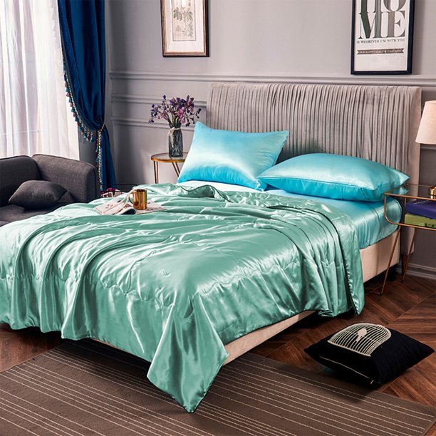 Manta de verano CLLC transpirable de seda de hielo suave, juego de sábanas ligeras de doble cara, juego de mantas frescas para dormir con estampado floral para todas las estaciones (A, Azul cielo)