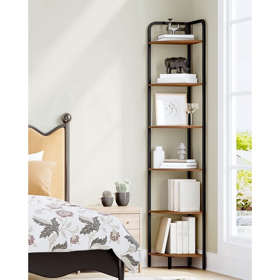 Corner Shelf Stand 6-Tier with Metal Frame, Industrial Corner Bookshelf Plant Shelf for Living Room Bathroom Kitchen, Rustic Brown