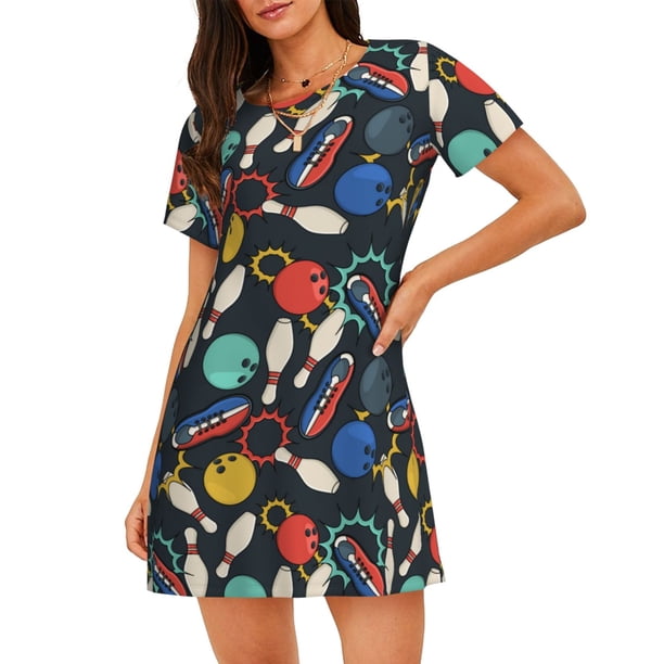 Balery Bowling Ball Camisón de manga corta con cuello redondo para mujer, cómodo y elegante.