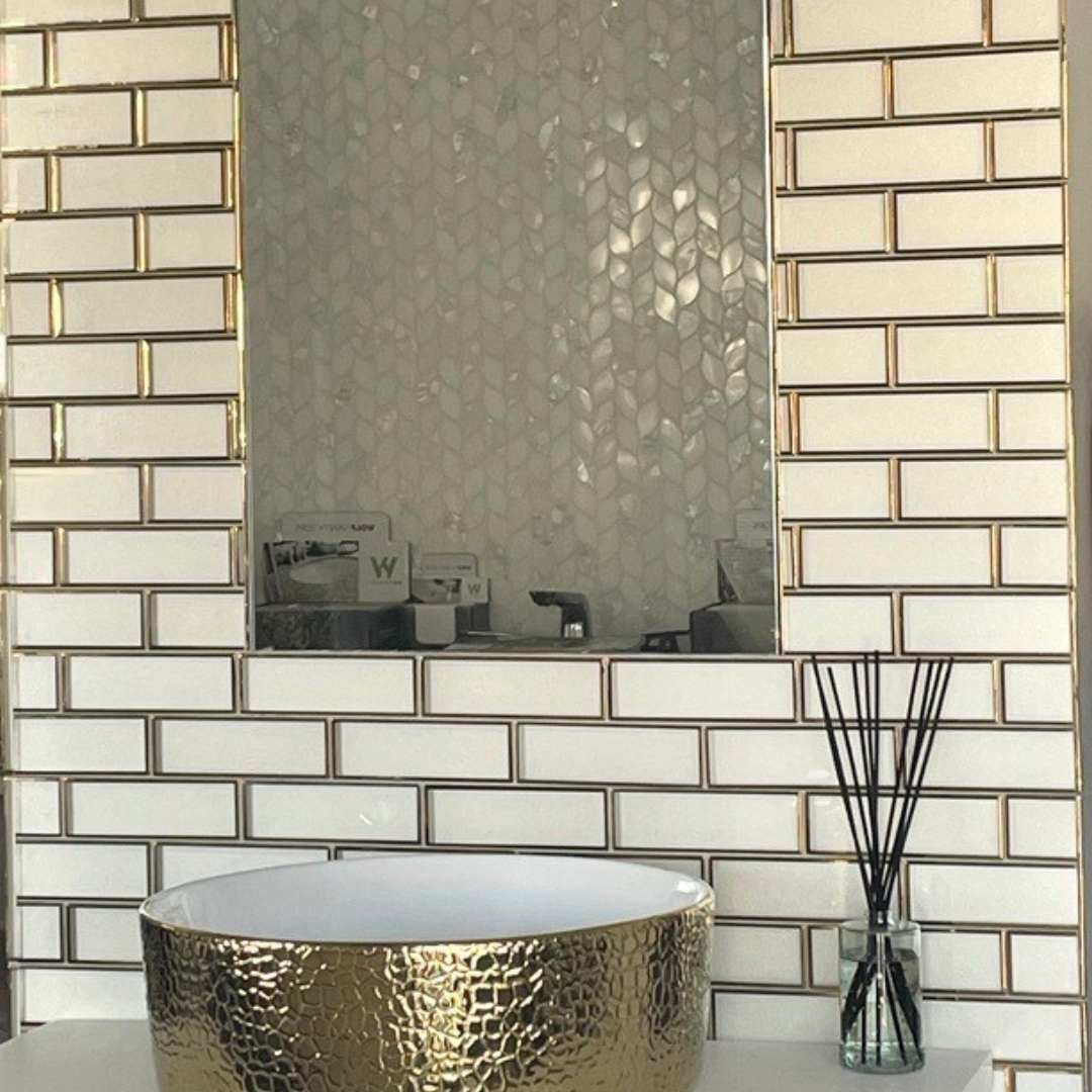 The Tile Life Athena 2" x 6" White/ Gold Glossy Glass Brick Mosaic Wall Tile, 1 Sheet