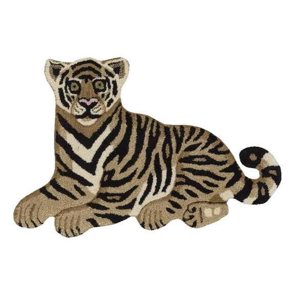 Linon 2' X 3' Jungle Sitting Tiger Shaped Accent Rug in Gold and Black Wool