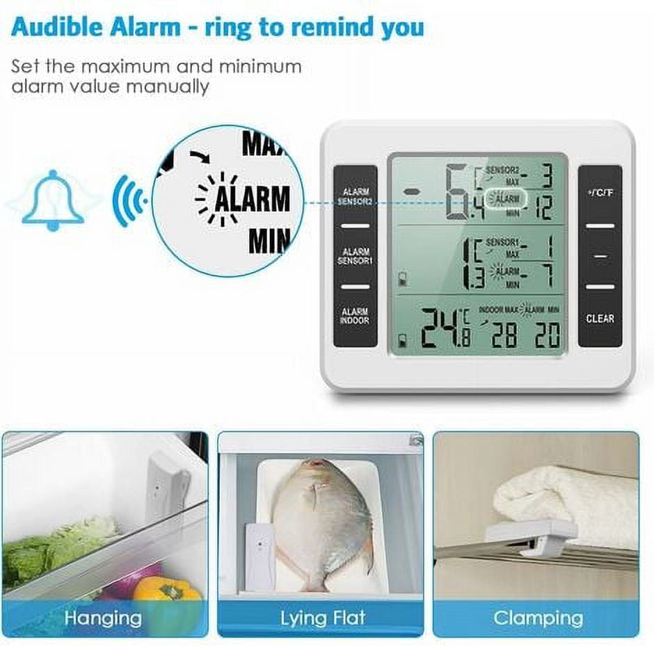 Fridge Thermometer, Fridge Thermometer with Freezer Alarm, Wireless Indoor Outdoor Thermometer with 2 Sensors, MIN/MAX and Temperature Alarm, Connected Thermometer for Home