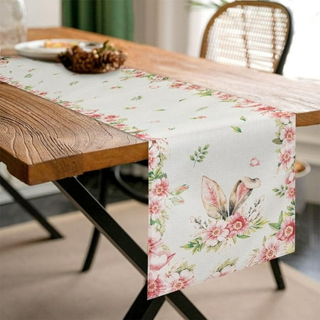 

RXIRUCGD Easter Table Runner Easter Tablecloth Linen Rabbits Ear Printed Table Runner for Easter Decorations Flowers and Rabbits Ear Printing for Kitchen Dining Room Table Decor