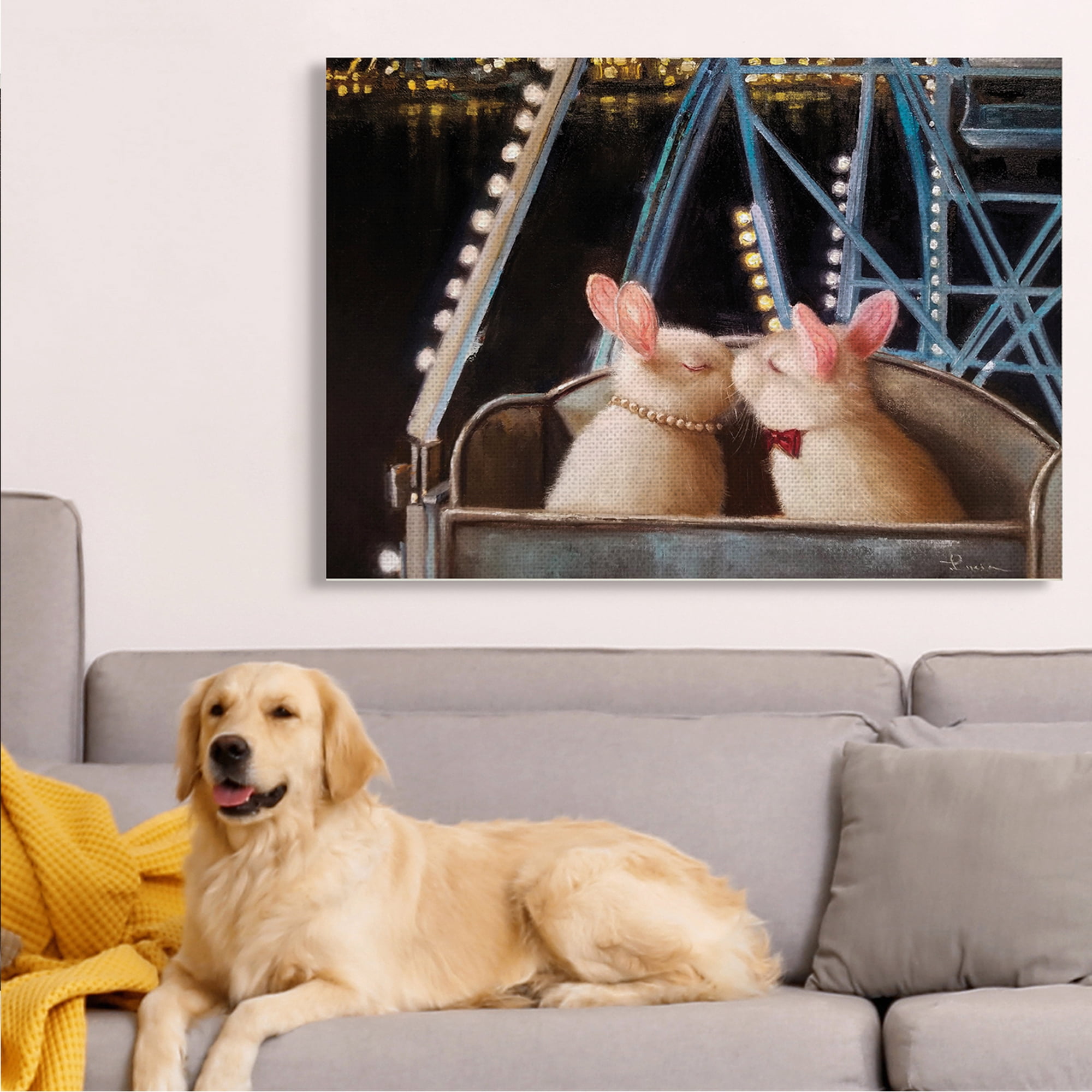 Stupell Industries Rabbit Couple Romantic Ferris Wheel Kiss Animals & Insects Painting Gallery Wrapped Canvas Art Print Wall Art, 36 x 48