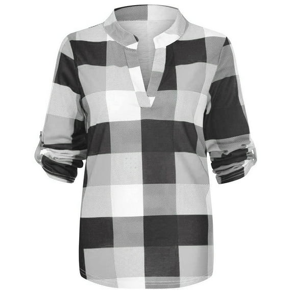 2026 ! asdoklhq Juniors Plus Tops & T-Shirts,Women Casual Cotton Long Sleeve Plaid Shirt Women's Slim Jacket Shirt Top