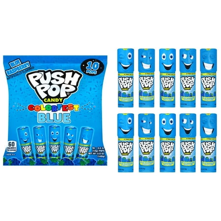 Push Pop Blue Colorfest - Blue Raspberry Lollipops Bulk Candy - 10 Count Individually Wrapped Lollipops - Assorted Candy