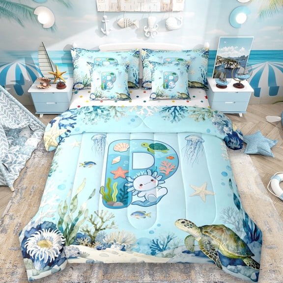 Erosebridal Nautical Coastal Personalized Gifts 7-Piece Twin Bedding Sets,Blue Kawaii Axolotl Alphabet P Bedding Comforter Set For Kids,Reversible