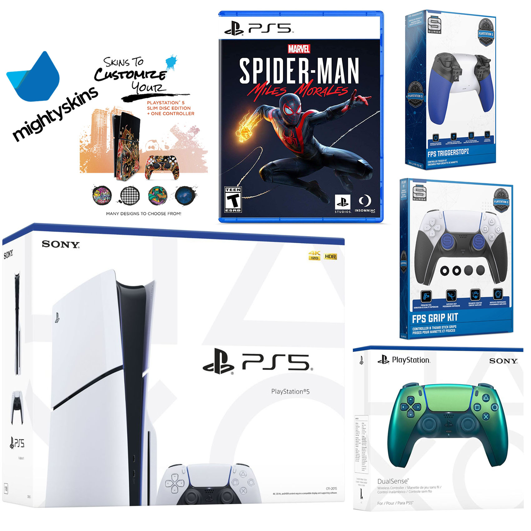 Sony Playstation 5 Slim Disc Bundle with Spider-Man: Miles Morales, Extra Chroma Teal Controller, Trigger Stop Kit, FPS Grip Kit and MightySkins Decal Voucher