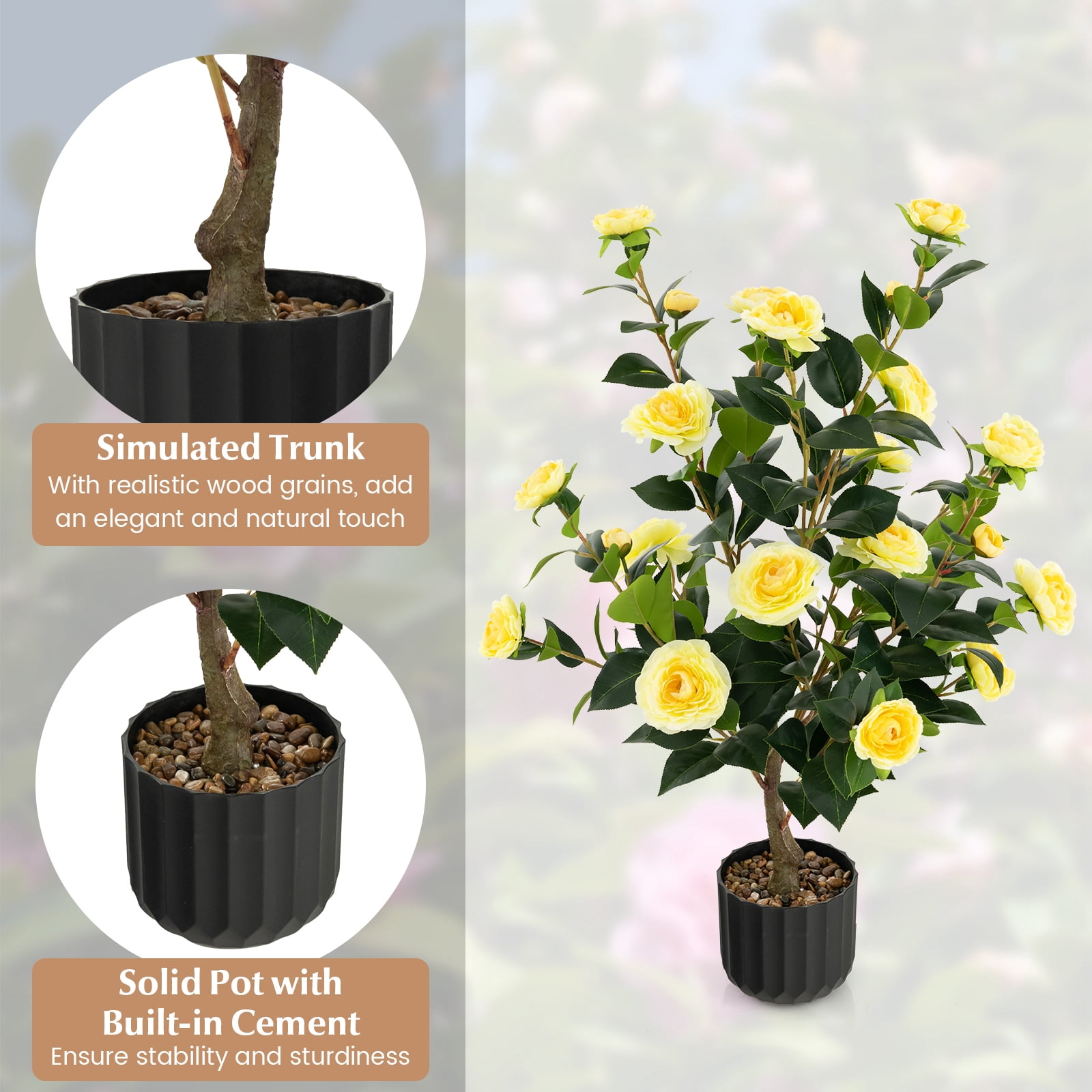 Costway 1 PCS 38" Artificial Camellia Tree Faux Floral Plant Fake Tree for Decoration Yellow