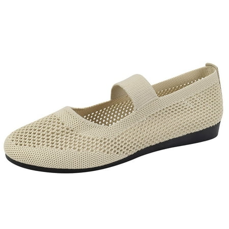 hopeusnice Clearance Women s Knitted Flat Shoes Breathable Comfortable Slip On Ballerinas Soft Sole Walking Shoes Low Heel Mary Jane Flats Beige 36
