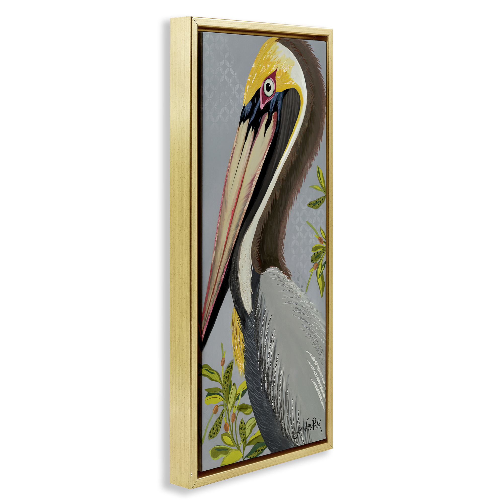 Stupell Industries Pelican on Grey Animals & Insects Painting Gold Floater Framed Canvas Art Print Wall Art, 11 x 25