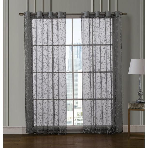 Sheer Black Grommet Window Curtain Panel Pair with White Scroll Design