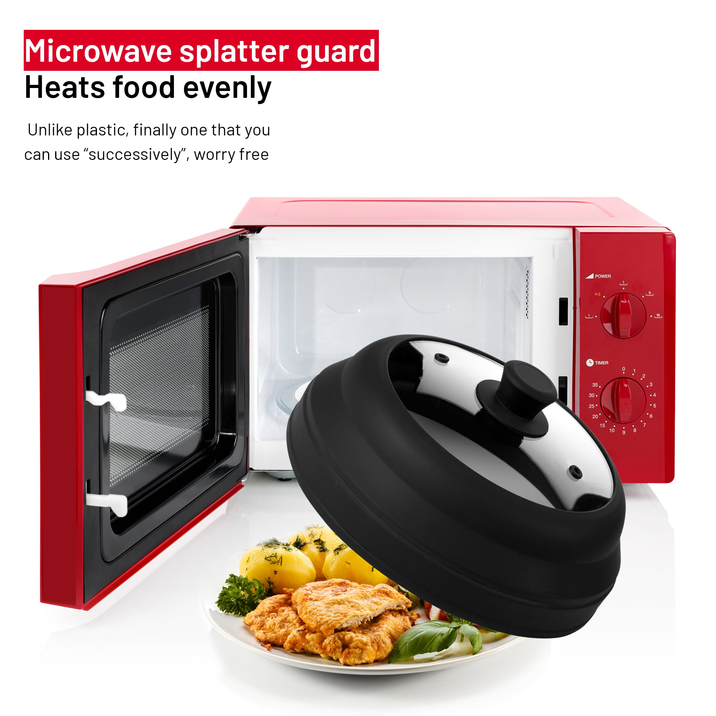 Microwave Food Cover Splatter Proof Vented Collapsible With Easy Grip Hand