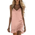 thumbnail image 2 of Pounoo Women's Dresses V Neck Spaghetti Strap Linen Blend Mini Dress With Ruffle Hem Casual Summer Wear Lightweight Breathable Loose Fit Sundresses Gift, 2 of 7