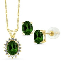 Gem Stone King 14K Yellow Gold Green Chrome Diopside Pendant Earrings Set for Women | 2.54 Cttw | Gemstone Birthstone | Oval 8X6MM and 6X4MM | with 18 inch Chain
