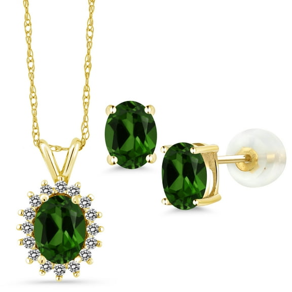 Gem Stone King 14K Yellow Gold Green Chrome Diopside Pendant Earrings Set for Women | 2.54 Cttw | Gemstone Birthstone | Oval 8X6MM and 6X4MM | with 18 inch Chain