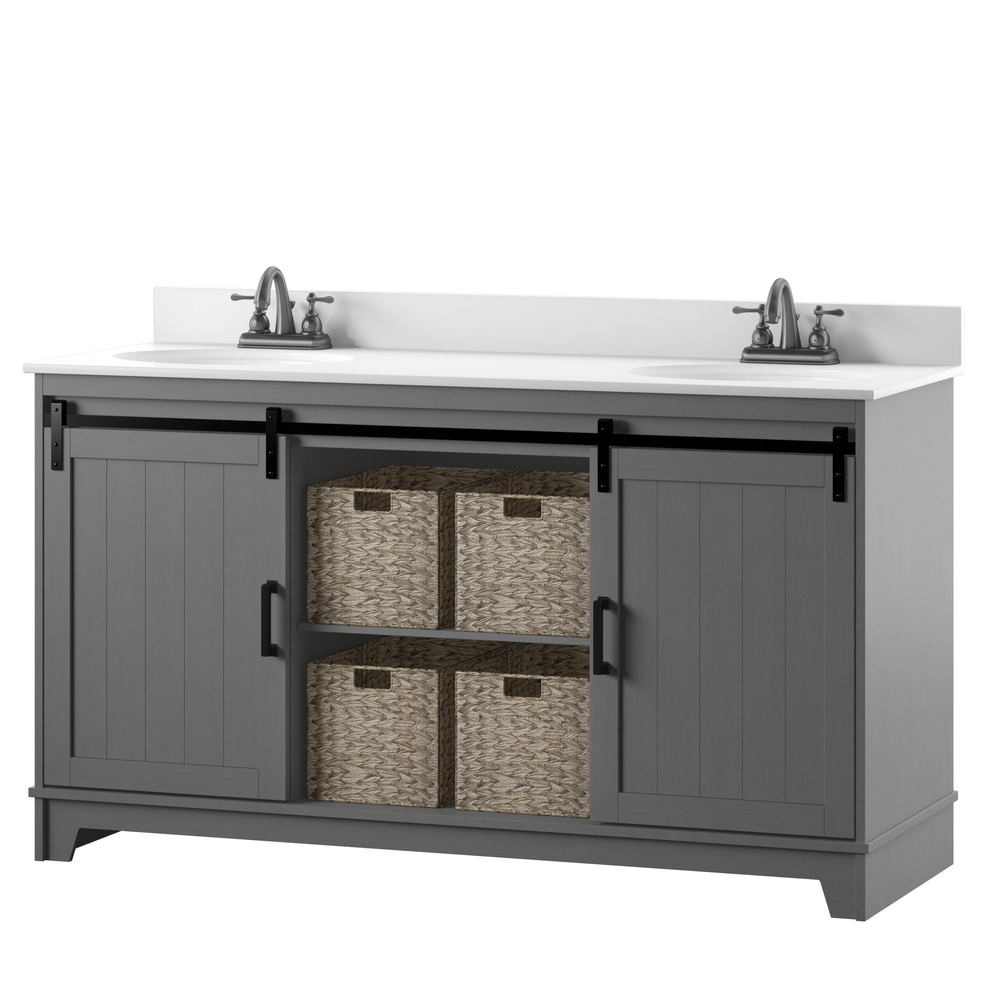 Twin Star Home 60" Sliding Barn Door Double Sink Bathroom Vanity with 4 Woven Baskets