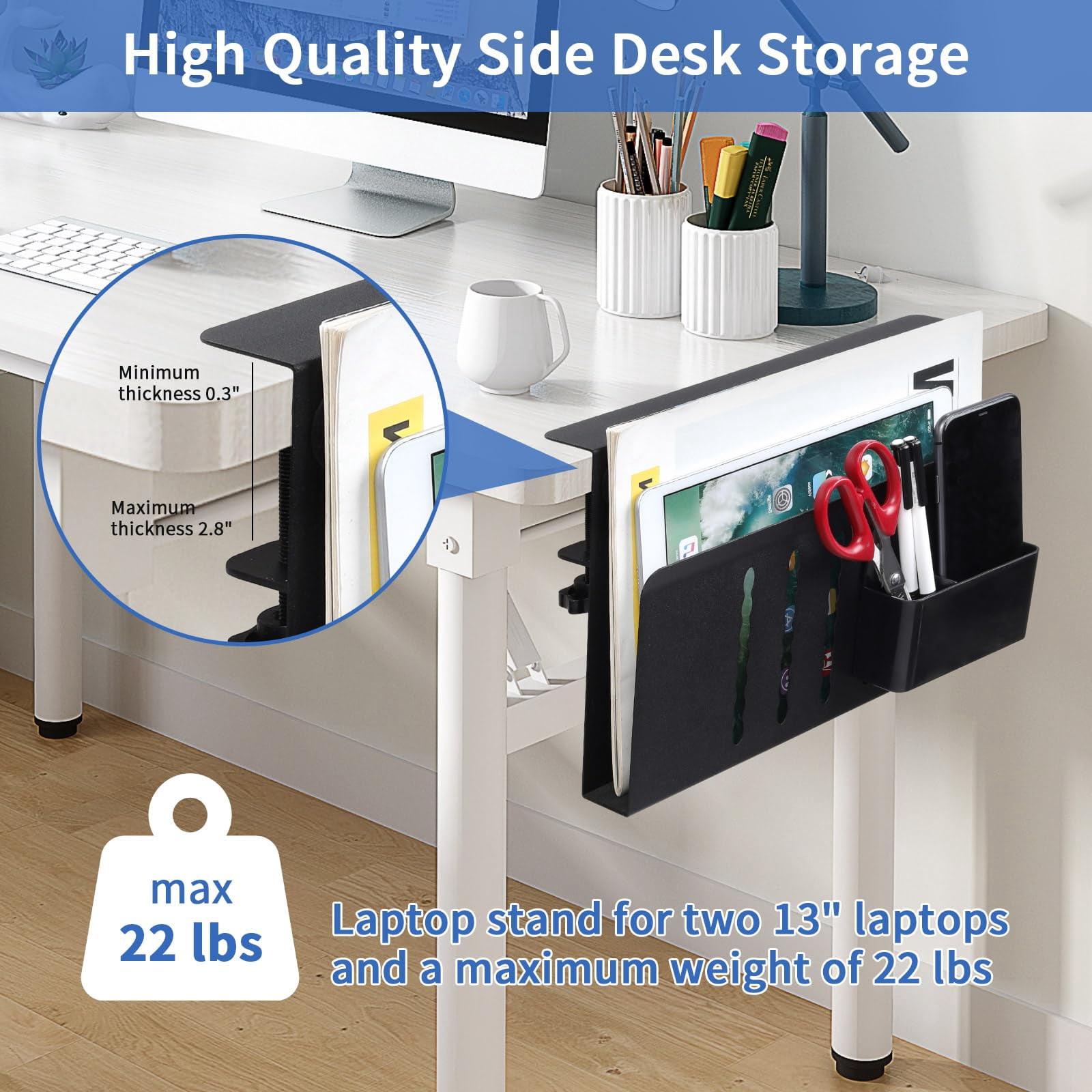 Desk Side Storage  Steel Organizer No Drill Laptop Holder Clamp On Mount With Pen Table Hanging For Home Office Fits Flat Edge Tables 0.3" To 2.8"