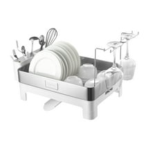 happimess DSH1003B Concerto 20.5" Fingerprint-Proof Stainless Steel Dish Drying Rack with Swivel Spout Tray and Wine Glass Holder, Stainless Steel/White