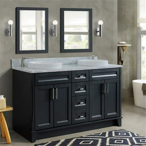 61 in. Double Round Sink Vanity with Carrara Marble Top, Dark Gray & White