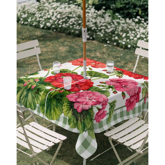Outdoor Tablecloth with Umbrella Hole, Pastoral Geranium Buffalo Plaid Zippered Table Cloth for Rectangle Tables, Farmhouse Red Pink Floral Washable Waterproof Tablecloths for Picnic Patio Garden