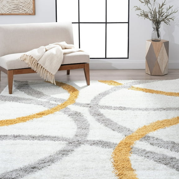 Bliss Rug Abstract Indoor Shag Rug for Living Room, Bedroom, Kids Room |Yellow/White, 9' x 12' (8'10''x12'2'')