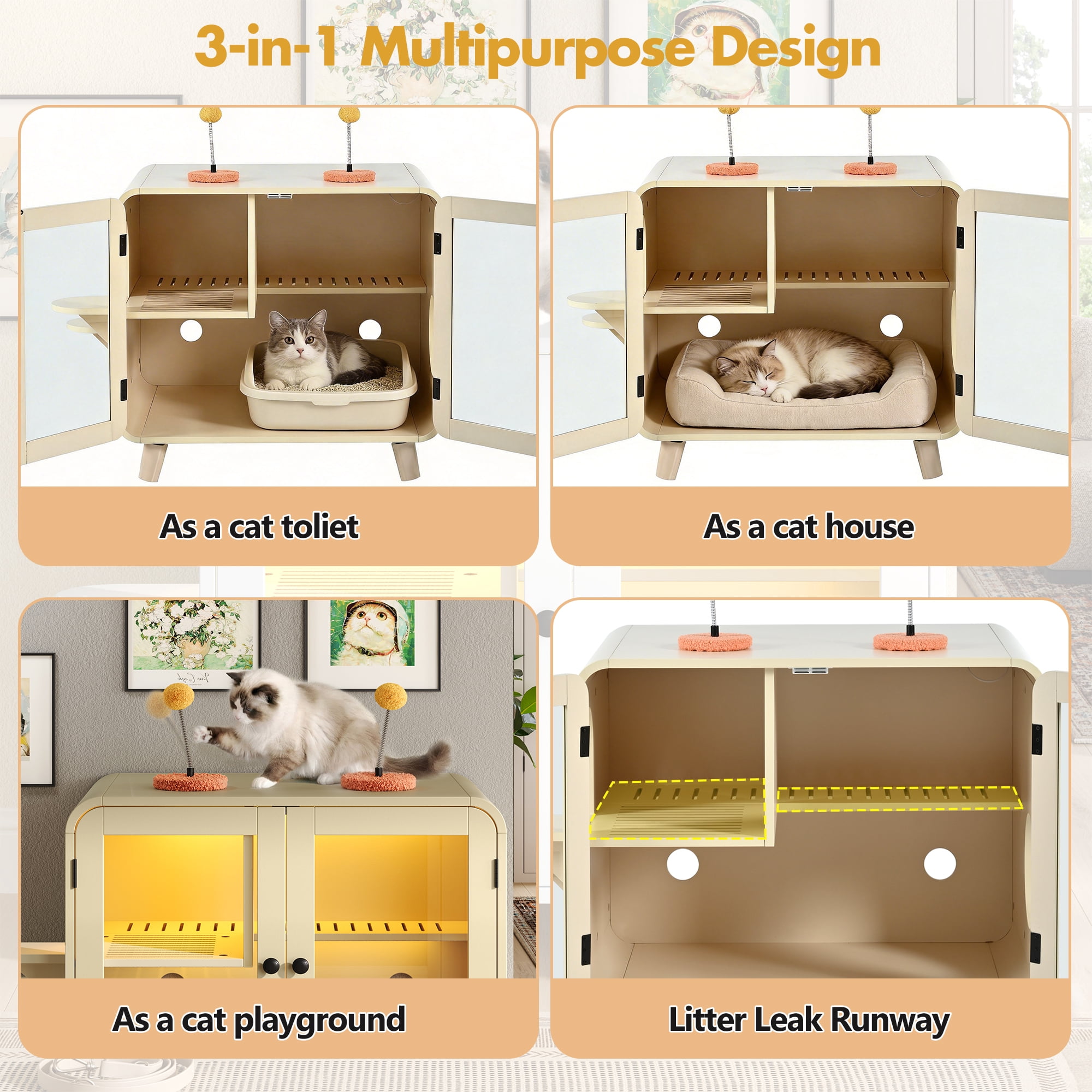 Mintazer Cat Litter Box Enclosure with Light, Hidden Cat House with Side Stairs & Toys, Cat Cabinet with Litter Leak Walkway and Doors for Indoor, Beige
