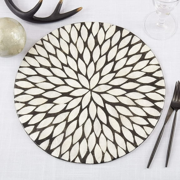 Fennco Styles Floral Capiz Design Placemat 15" Round, 1-Piece – Black & White Elegant Table Mat for Home, Dining Room Décor, Banquets, Indoor & Outdoor and Special Events