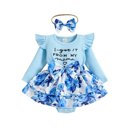 

CenturyX Kids Baby Girls Romper Dress Embroidery Knitted Ribbed Floral Print Ruffles Tutu Bodysuit Clothes Blue 0-6 Months