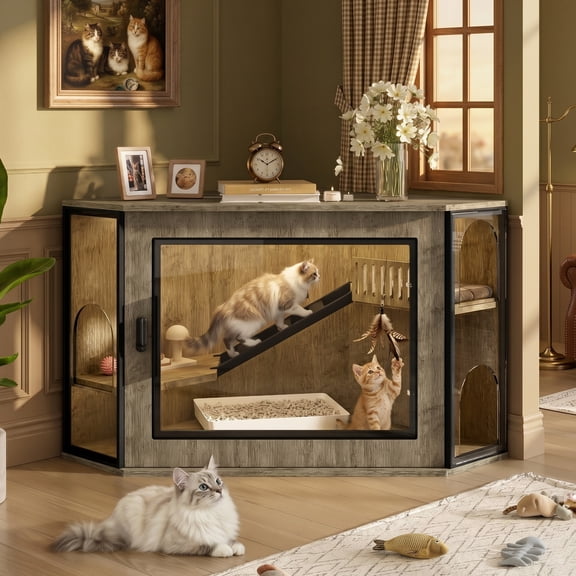 Eyisean 48" Hidden Corner Cat Litter Box Cabinet, Modern Kitty Litter Box Enclosure Furniture with Acrylic Door & LED, Small Space Wood Cat House with Playground & Stair, Side Table for Living Room
