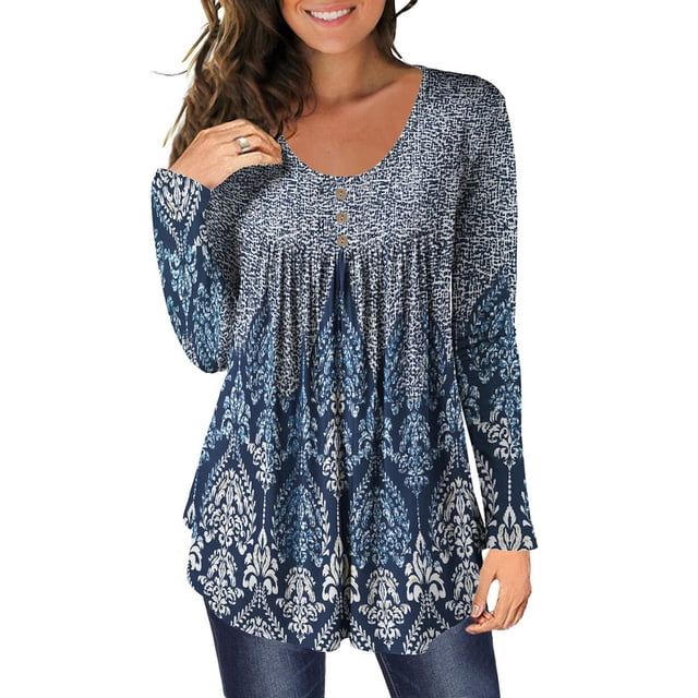 Ladies Tops Casual Long Sleeve Print Button Round Neck Loose Fit Pleated Tunic T Shirt Blouses Fall Clothes