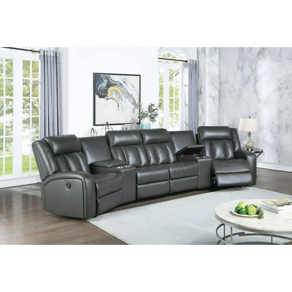 Home Theater Sectional Manual Reclining Couch Consoles Recliner Chairs Loveseat Gel Leatherette Gray Living Room Furniture