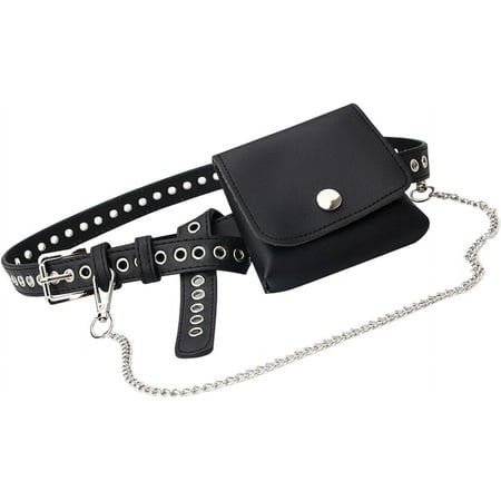 DanceeMangoos Women Grommet Leather Belt Punk Goth Chain Waist Belt for Jeans Dress Pants Mini Envelope Waist Bag