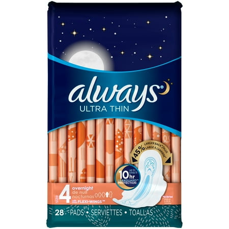 Always Ultra Thin Size 4 Overnight Pads with Wings, Unscented, 28 Count