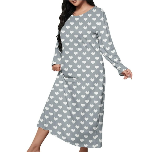 Fesfesfes Women's Fall Dress Heart Printed Breathable Plus Size Casual Long Sleeve Crew Neck Pajamas Loose Comfy Home Wear Outfits(Gray,3XL)
