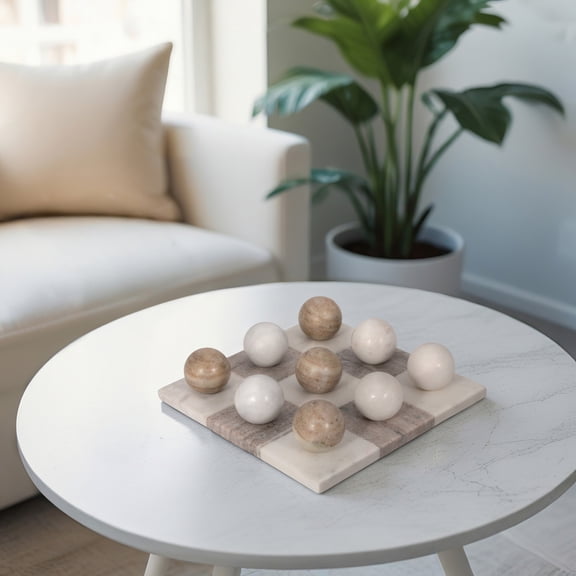 Modern Square Marble Tic Tac Toe Tabletop Game Set for Living Room - Classic Family Play Coffee Table Decor for Home Office Shelf - Decorative Stone Accent for Game Room - 3" Ivory & Tan