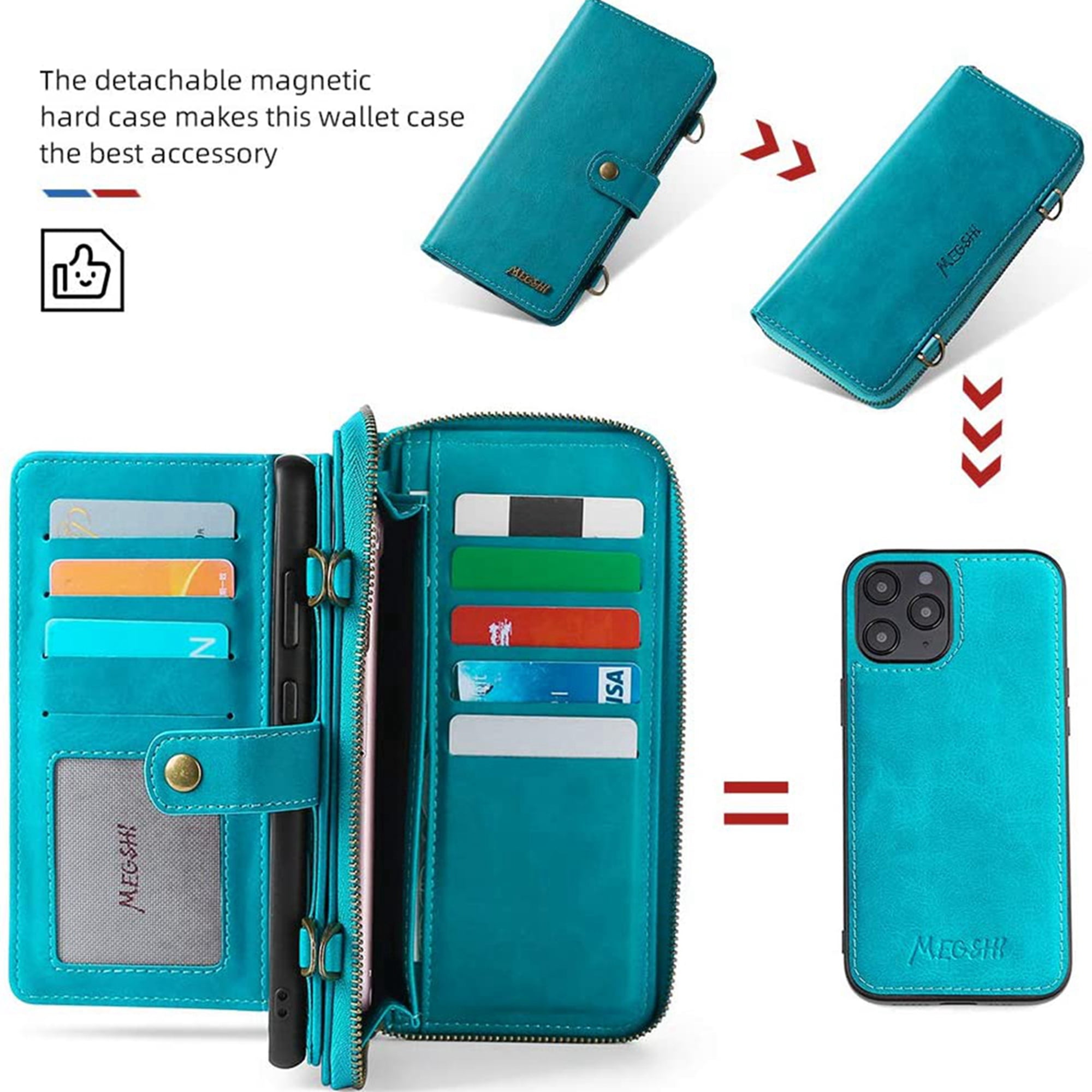 Dteck Wallet Case for iPhone 12 Pro / iPhone 12 6.1-inch, 2 in 1 Magnetic Detachable Wallet Purse [Crossbody Chain] Durable PU Leather Zipper Handbag Folio Flip Card Slot Protection Back Cover, Blue