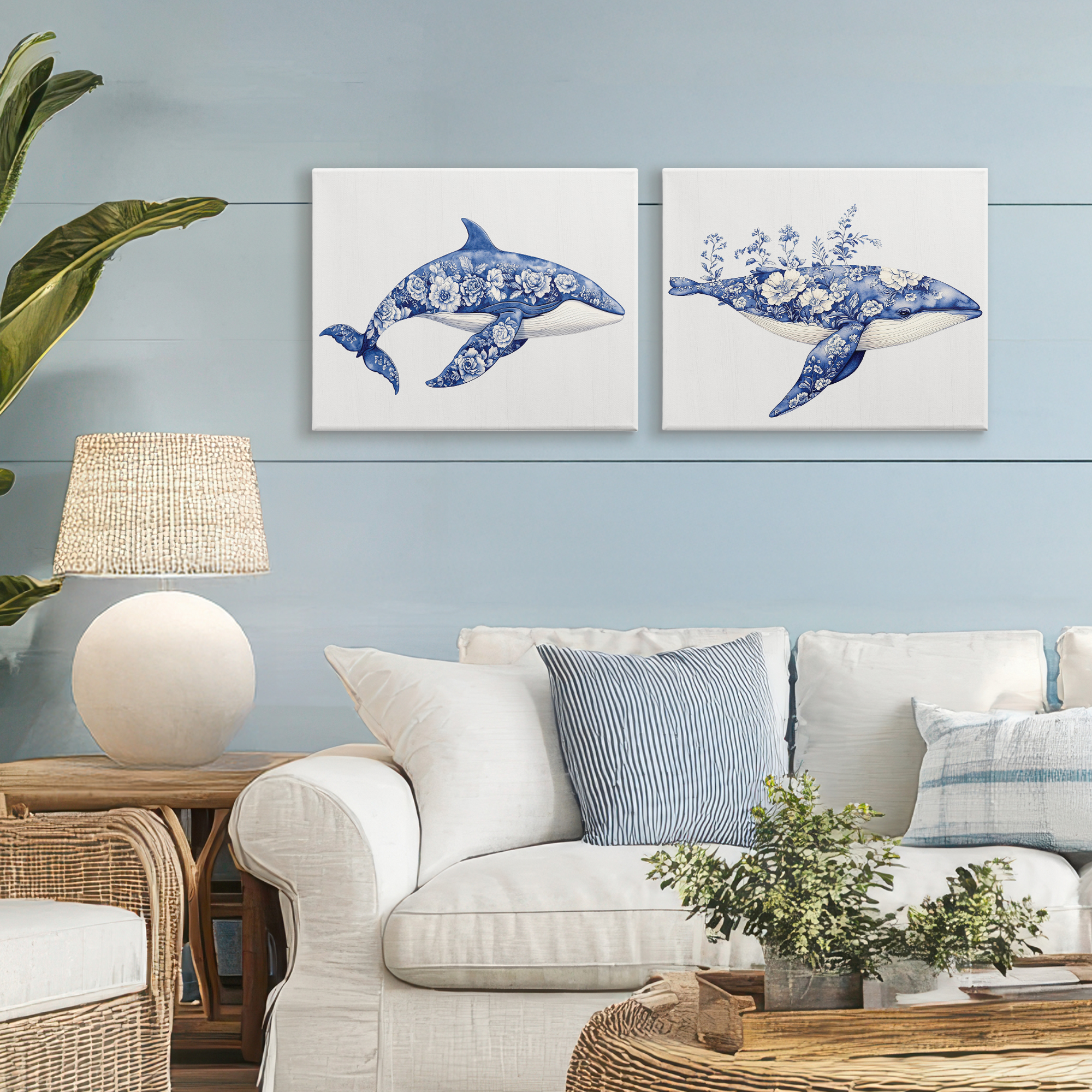 Blooming Toile Pattern Whales 2 Piece Canvas Wall Art Set, design by Lettered and Lined