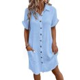 thumbnail image 2 of Joernso Women's Cotton Linen Dress Casual Button Down V-neck Dress with Pockets Summer Short Sleeve Beach Sundress, 2 of 8